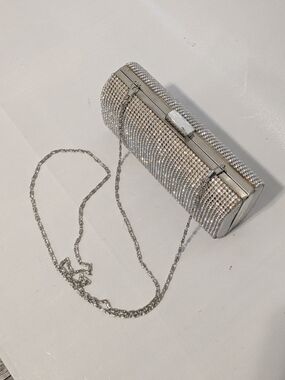 Silver Crystal Cylinder Evening Clutch with Chain Strap